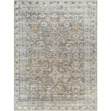 A traditional design area rug with dusty brown, off-white, and sky blue colors, featuring a geometric pattern.